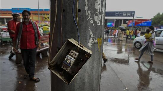 An open electric circuit breaker box at New delhi Railway Station on Sunday. (Raj K Raj/ HT Photo)