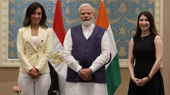 Prime Minister Modi met two yoga practitioners and instructors from Egypt on Saturday. "Nada Adel and Reem Jabak are making commendable efforts to popularize Yoga across Egypt. Had a wonderful conversation with them in Cairo," Modi said in his tweet.