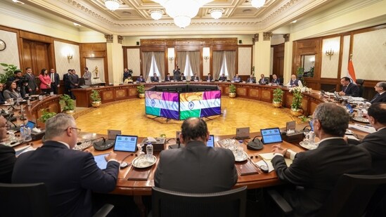 Prime Minister Narendra Modi participated in a roundtable meeting in Cairo alongside his counterpart, Mostafa Madbouly, on Saturday as part of the strategic talks during his state visit to Egypt.(Twitter/PMO)