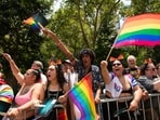 Marchers arrive to attend the NYC Pride parade on Sunday, June 25, 2023, in New York. (AP Photo/Eduardo Munoz Alvarez)