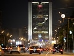 The light on the floors of the building form the letter Z which has become a symbol of the Russian military, in central Moscow. 