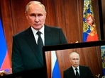 Russian President Vladimir Putin is seen on monitors as he addresses the nation after Yevgeny Prigozhin, the owner of the Wagner Group military company, called for armed rebellion and reached the southern city of Rostov-on-Don with his troops, in Moscow, Russia, June 24.