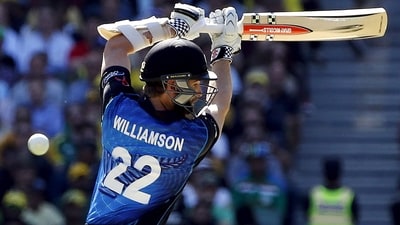 New Zealand's Kane Williamson misses hitting a delivery from Australia's Mitchell Starc during Cricket World Cup final match (REUTERS)