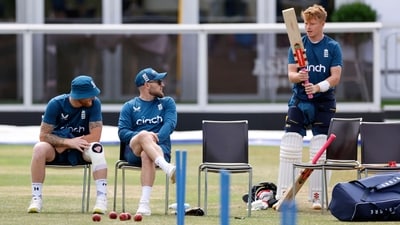 England's Ben Stokes, head coach Brendon McCullum and Ollie Pope during practice (Action Images via Reuters)
