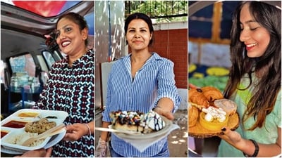 DU alumnae Nitakshi Nidhi, Rachna Solanki and Shreya Chaudhary have set up food stalls in North Campus. (Photos: Gokul VS/HT) DU alumnae Nitakshi Nidhi, Rachna Solanki and Shreya Chaudhary have set up food stalls in North Campus. (Photos: Gokul VS/HT)