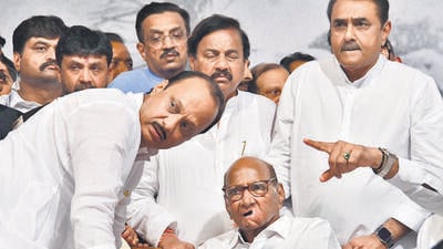 Mumbai, India - May 02, 2023: NCP leaders, workers, supporters of Sharad Pawar protest in solidarity against his resignation as party president urging him to reconsider his decision, at Y.B. Chavan Centre, Nariman Point, in Mumbai, India, on Tuesday, May 02, 2023. (Photo by Bhushan Koyande/HT Photo) (HT PHOTO)