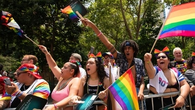 Marchers arrive to attend the NYC Pride parade on Sunday, June 25, 2023, in New York. (AP Photo/Eduardo Munoz Alvarez) (AP)
