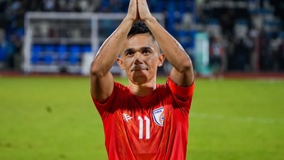 Indian team captain Sunil Chhetri acknowledges the crowd after winning a football match against Nepal (PTI)