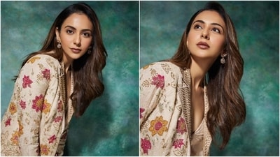 Rakul styled the ensemble with dainty floral earrings, rings, and nude-coloured pointed pumps. Lastly, open locks, plum lip shade, sleek eyeliner, mascara on the lashes, darkened brows, subtle eye shadow, blushed cheeks, dewy base, and highlighted skin rounded off the glam picks. (Instagram) Rakul styled the ensemble with dainty floral earrings, rings, and nude-coloured pointed pumps. Lastly, open locks, plum lip shade, sleek eyeliner, mascara on the lashes, darkened brows, subtle eye shadow, blushed cheeks, dewy base, and highlighted skin rounded off the glam picks. (Instagram)