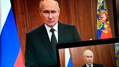 Russian President Vladimir Putin is seen on monitors as he addresses the nation after Yevgeny Prigozhin, the owner of the Wagner Group military company, called for armed rebellion and reached the southern city of Rostov-on-Don with his troops, in Moscow, Russia, Saturday. (AP) Russian President Vladimir Putin is seen on monitors as he addresses the nation after Yevgeny Prigozhin, the owner of the Wagner Group military company, called for armed rebellion and reached the southern city of Rostov-on-Don with his troops, in Moscow, Russia, Saturday. (AP)