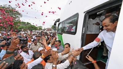Telangana CM KCR being welcomed by supporters in Solapur on Monday. (ANI) Telangana CM KCR being welcomed by supporters in Solapur on Monday. (ANI)