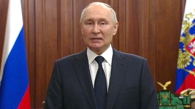 Russian President Vladimir Putin gives a televised address in Moscow, Russia. (via REUTERS)