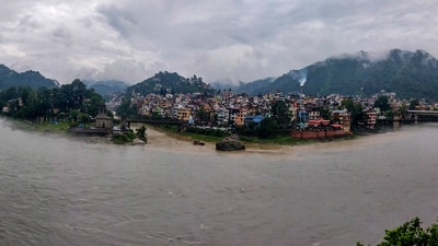 The River Beas in spate due to heavy monsoon rains, in Mandi, Monday. (PTI) The River Beas in spate due to heavy monsoon rains, in Mandi, Monday. (PTI)