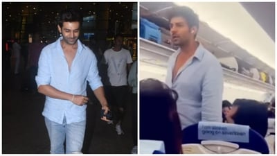 Kartik Aaryan upon his arrival at the Mumbai airport (left) and in the flight (right). Kartik Aaryan upon his arrival at the Mumbai airport (left) and in the flight (right).