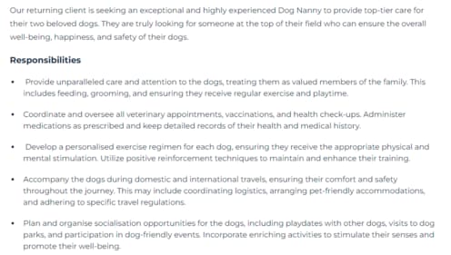 Job posting for a dog nanny. (escapethecity.org) Job posting for a dog nanny. (escapethecity.org)