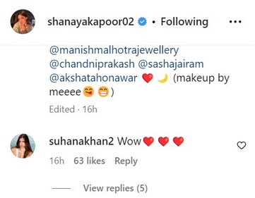Suhana Khan, Shanaya's childhood best friend, left an adorable comment on her picture. (Instagram ) Suhana Khan, Shanaya's childhood best friend, left an adorable comment on her picture. (Instagram )