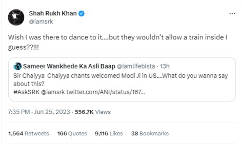 Shah Rukh Khan replied to a fan's question about PM Modi's US visit. Shah Rukh Khan replied to a fan's question about PM Modi's US visit.