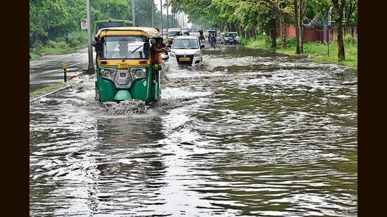 A waterlogged road in Chandigarh on Monday. (Ravi Kumar/HT)