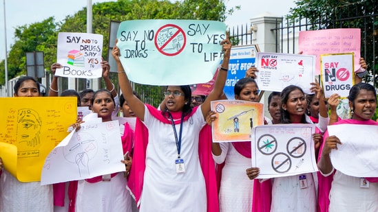Students take part in a demonstration on the International Day against Drug Abuse and Illicit Trafficking, near Marina beach, in Chennai. (PTI)