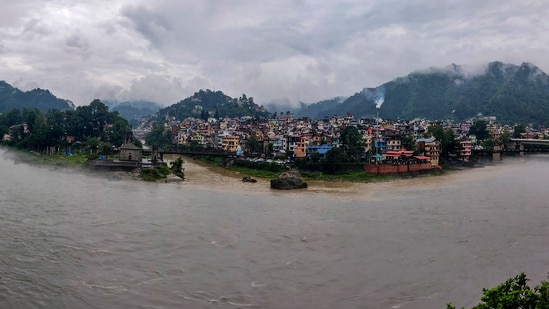 The River Beas in spate due to heavy monsoon rains, in Mandi, Monday. (PTI)
