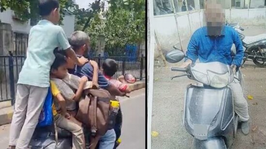(L) The man seen riding scooter with children in the viral video. (R) The man was arrested by Mumbai police on Sunday.