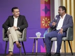 Former cricketers Virender Sehwag and Muttiah Muralitharan during the announcement of ICC Men's Cricket World Cup 2023 match schedule in Mumbai Former cricketers Virender Sehwag and Muttiah Muralitharan during the announcement of ICC Men's Cricket World Cup 2023 match schedule in Mumbai