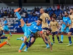 Indian player Sunil Chhetri and Kuwait's Sahal Samad in action during SAFF Championship 2023 match between India and Kuwait Indian player Sunil Chhetri and Kuwait's Sahal Samad in action during SAFF Championship 2023 match between India and Kuwait
