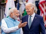 US President Joe Biden with Prime Minister Narendra Modi during a ceremonial welcome at the South Lawns of the White House in Washington DC,