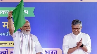 Prime Minister Narendra Modi flagged off five new Vande Bharat Express trains physically and virtually from Rani Kamlapati Railway Station in Madhya Pradesh's Bhopal on Tuesday. (ANI) Prime Minister Narendra Modi flagged off five new Vande Bharat Express trains physically and virtually from Rani Kamlapati Railway Station in Madhya Pradesh's Bhopal on Tuesday. (ANI)