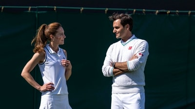 Kate, Princess of Wales and eight-time Wimbledon champion Roger Federer, speak. (AP) Kate, Princess of Wales and eight-time Wimbledon champion Roger Federer, speak. (AP)