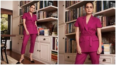 Dia Mirza, who is known for promoting sustainable clothing labels, recently adorned a chic look in a pink pantsuit from Kamal Haasan's fashion label. (Instagram/@diamirzaofficial) Dia Mirza, who is known for promoting sustainable clothing labels, recently adorned a chic look in a pink pantsuit from Kamal Haasan's fashion label. (Instagram/@diamirzaofficial)