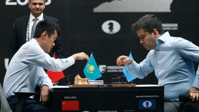Russia's Ian Nepomniachtchi, right, and China's Ding Liren play during their tiebreaker of FIDE World Chess Championship in Astana, Kazakhstan, Sunday, April 30, 2023. (AP Photo/Stanislav Filippov) (AP) Russia's Ian Nepomniachtchi, right, and China's Ding Liren play during their tiebreaker of FIDE World Chess Championship in Astana, Kazakhstan, Sunday, April 30, 2023. (AP Photo/Stanislav Filippov) (AP)
