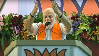 Prime Minister Narendra Modi addresses BJP booth workers at a meeting under the 'Mera Booth, Sabse Majboot' campaign, in Bhopal, Tuesday. (PTI)