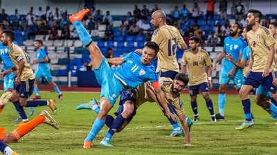 Indian player Sunil Chhetri and Kuwait's Sahal Samad in action during SAFF Championship 2023 match between India and Kuwait (PTI) Indian player Sunil Chhetri and Kuwait's Sahal Samad in action during SAFF Championship 2023 match between India and Kuwait (PTI)