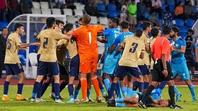 Indian and Kuwait players in scuffle during SAFF Championship match at Kanteerava Stadium, in Bengaluru, (PTI) Indian and Kuwait players in scuffle during SAFF Championship match at Kanteerava Stadium, in Bengaluru, (PTI)