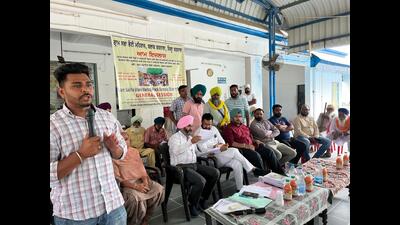 Panchayat of Bhaini Mehraj village holds a meet in Barnala on Tuesday. (HT photo)