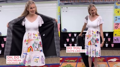 Teacher let students paint on her dress. (Instagram/@Heather Stansberry) Teacher let students paint on her dress. (Instagram/@Heather Stansberry)