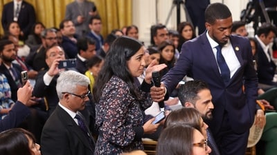 Wall Street Journal White House reporter Sabrina Siddiqui questions U.S. President Joe Biden and India's Prime Minister Narendra Modi during a joint press conference at the White House in Washington, U.S., June 22, 2023. (REUTERS)