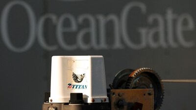 A decal on a piece of equipment which reads "Titan" is pictured near a trailer with the OceanGate logo at OceanGate Expedition's headqurters in the Port of Everett Boat Yard in Everett, Washington, on June 22, 2023 (Photo by Jason Redmond / AFP) (AFP) A decal on a piece of equipment which reads "Titan" is pictured near a trailer with the OceanGate logo at OceanGate Expedition's headqurters in the Port of Everett Boat Yard in Everett, Washington, on June 22, 2023 (Photo by Jason Redmond / AFP) (AFP)
