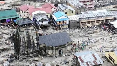 A view of the devastated Kedarpuri township in the vicinity of Kedarnath shrine after the 2013 disaster which was caused in part by a melting glacier (HT File)