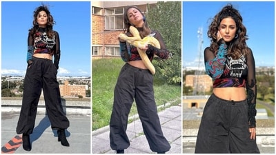Hina Khan poses with a snake in a crop top and oversized cargo pants. (Instagram/@realhinakhan) Hina Khan poses with a snake in a crop top and oversized cargo pants. (Instagram/@realhinakhan)