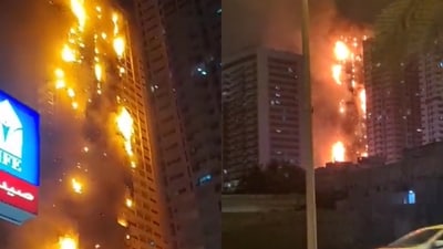 Fire engulfs residential high-rise building in Ajman, UAE.