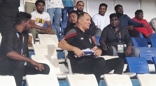 Igor Stimac sits at East Lower A stand after being shown a red card in the SAFF Championship match between India and Kuwait (Twitter/ChiranjitOjha) Igor Stimac sits at East Lower A stand after being shown a red card in the SAFF Championship match between India and Kuwait (Twitter/ChiranjitOjha)