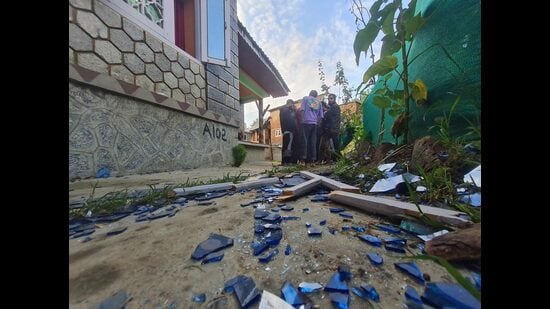 The site of encounter where a militant was killed at Hoowra village in south Kashmir's Kulgam district on Tuesday. (PTI)
