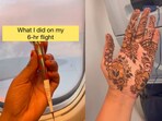 Woman applies mehendi onboard a plane.