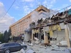 A view shows a building of a restaurant heavily damaged by a Russian missile strike, amid Russia's attack on Ukraine.