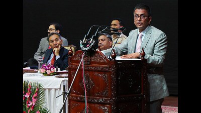 Chief Justice of India (CJI) Justice Dhananjaya Y Chandrachud speaks during a foundation stone laying ceremony of New HC Complex at Raika area, in Jammu, on Wednesday. (PTI) Chief Justice of India (CJI) Justice Dhananjaya Y Chandrachud speaks during a foundation stone laying ceremony of New HC Complex at Raika area, in Jammu, on Wednesday. (PTI)