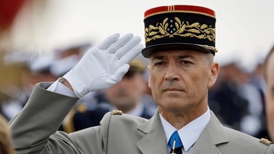 French Chief of the Defence Staff General Thierry Burkhard attends a ceremony in tribute to the 177 French members of the "Commando Kieffer" Fusiliers Marins commando unit who took part in the Normandy landings, as part of the 79th anniversary of the World War II "D-Day" Normandy landings, in Colleville-Montgomery, France June 6, 2023.  Ludovic Marin/Pool via REUTERS (via REUTERS)