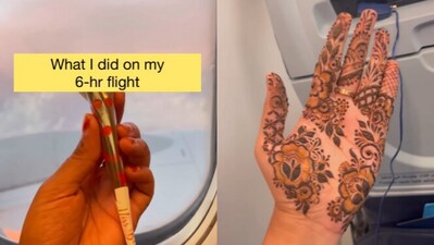 Woman applies mehendi onboard a plane. (Instagram/@miss__bliss ) Woman applies mehendi onboard a plane. (Instagram/@miss__bliss )