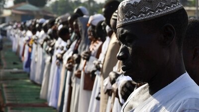 Muslims attend prayers on the first day of Muslim holiday of Eid-ul-Adha at the Zahara Square in Juba, South Sudan on June 28. (REUTERS)